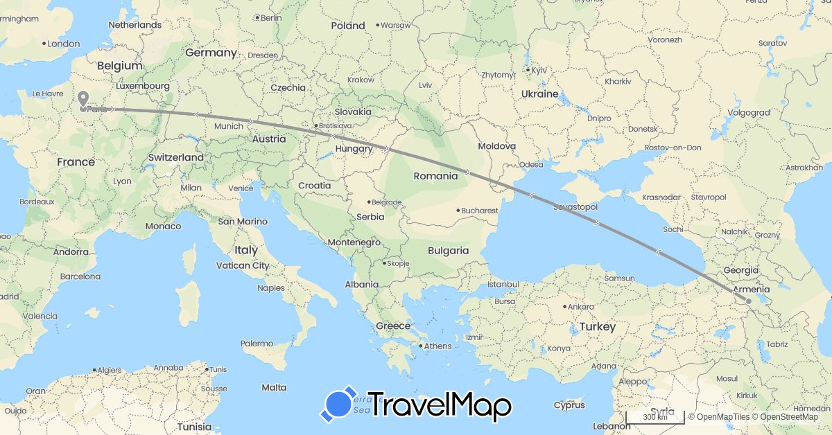 TravelMap itinerary: driving, plane in Armenia, France (Asia, Europe)